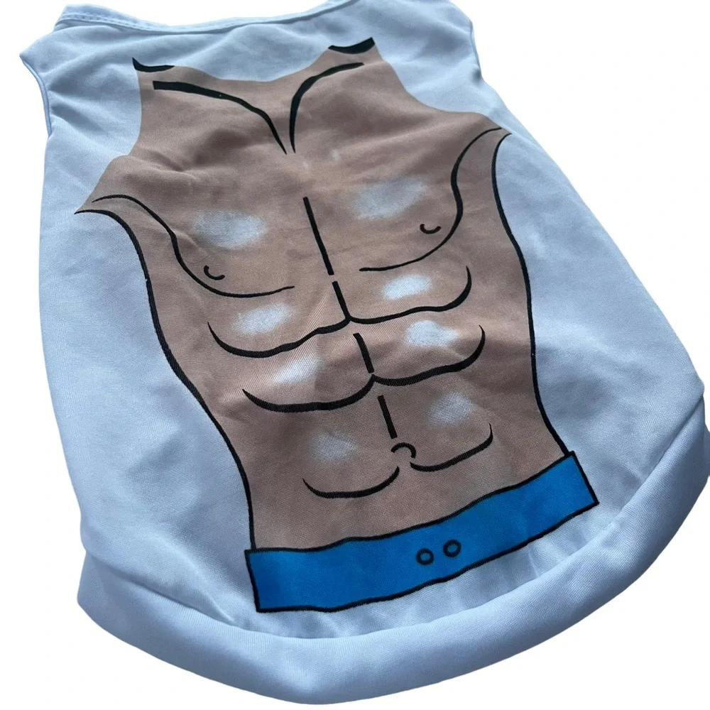 Drooling Dog Size Large White Shirt Blue Swim Trunks Abs Graphic Dog‎ Clothing